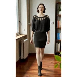 Jessica Simpson Gray Silver Sweater Dress-Bodycon Dolman Sleeves-Diamond Cuts-M